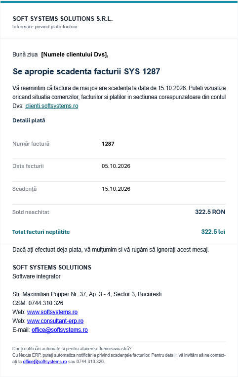 Exemplu de e-mail care prezintă factura, termenul de plată și suma rămasă de achitat.